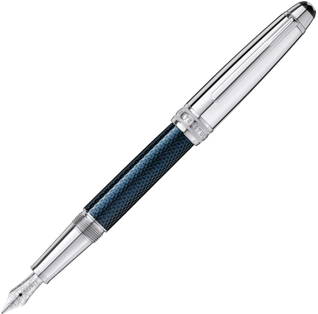 Montblanc 112893 Blue Hour Classique Fountain Pen: Clip: Platinum-coated clip with individual serial numberBarrel: Engraved hexagon pattern, coated with blue lacquerCap: Platinum-coated inlaid with Montblanc emblemNib: Hand-crafted Au750 / 18 K gold n