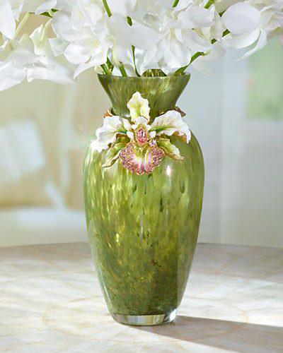 Jay Strongwater Loretta Orchid Vase, Leaf. Width: 4": No Box. Dimensions:4â€³ DIA. 8â€³ HMaterials:Glass; lead-free metal with a 14K gold and light brown antique finish, hand-enameled and hand-set with Swarovski crystals.