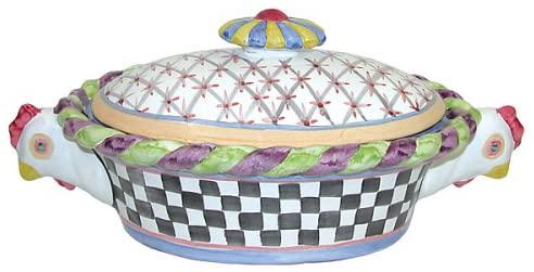 MacKenzie-Childs Piccadilly Chicken Casserole: 8 in. wide15 in. long6 1/2 in. tall (to top of knob)32 oz. capacity