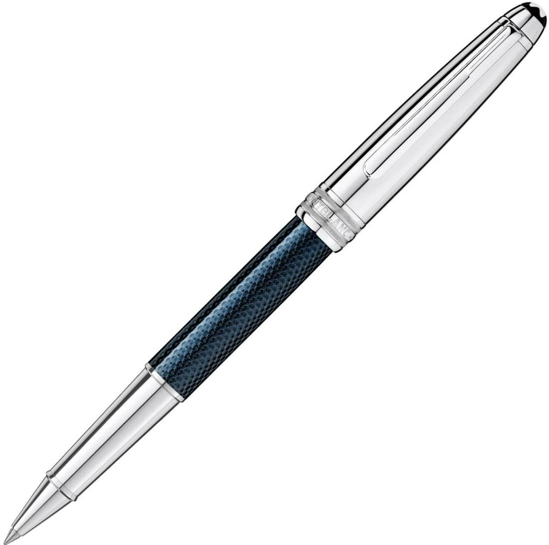 Montblanc Meisterstuck Solitaire Doue Blue Hour: A Montblanc rollerball pen from the Meisterstuck collection. This pen is crafted in a platinum-plated cap and a blue lacquered barrel. The barrel display an intricately designed engraved hexagon patte