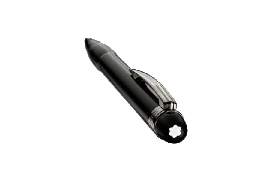 Montblanc StarWalker Ballpoint Pen, Midnight Black: Floating Montblanc emblem in transparent cap-top. Ruthenium-plated clip with embossed Montblanc brand name. and individual serial number. Black precious resin. Ruthenium-plated fittings. Made in Germa