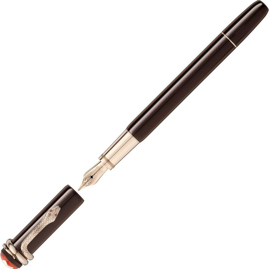 Montblanc Heritage Collection Rouge et Noir Special: Tropic brown precious-resin cap and lacquered metal barrelSerpentine clip set with garnets for eyesCoral and ivory-tone finial14K gold medium nibPiston fountain pen