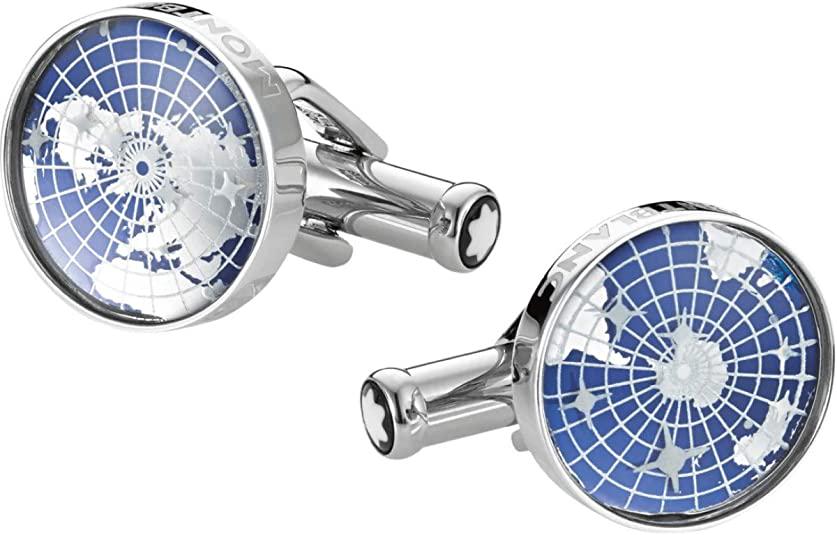 MONTBLANC Iconic Cuff Links 113000: A pair of Montblanc cuff links crafted in stainless steel with a sapphire glass center displaying a sky map design. Additionally it displays glow in the dark constellations. Diameter: 16 mm
