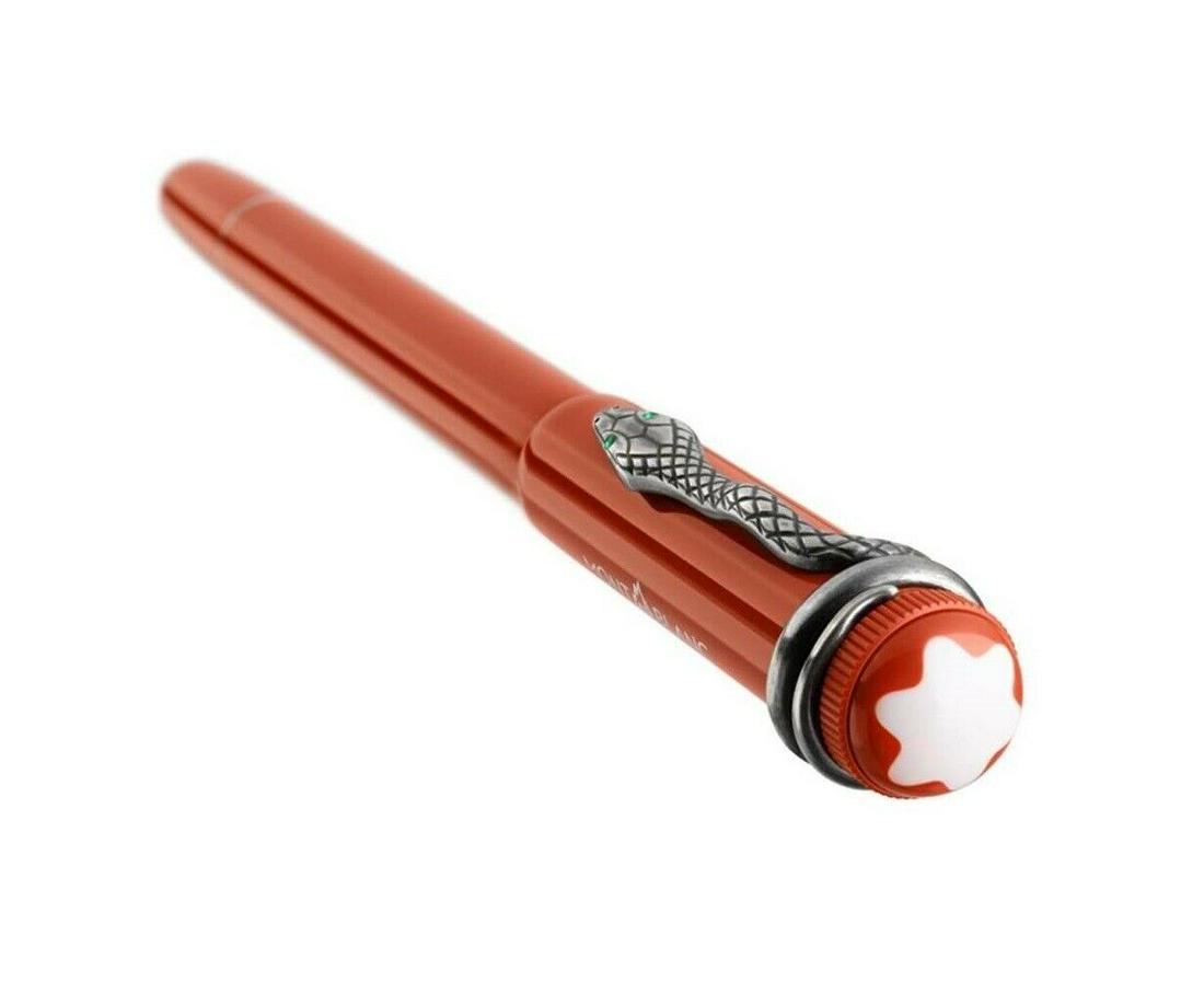 Montblanc Rouge et Noir Coral Rollerball Pen 114726: Montblanc Heritage Collection Rouge et Noir Coral Rollerball Pen 114726Coral-tone precious resin cap and lacquered metal barrelSerpentine clip set with green spinels for eyesIvory-tone finialTwist-cap