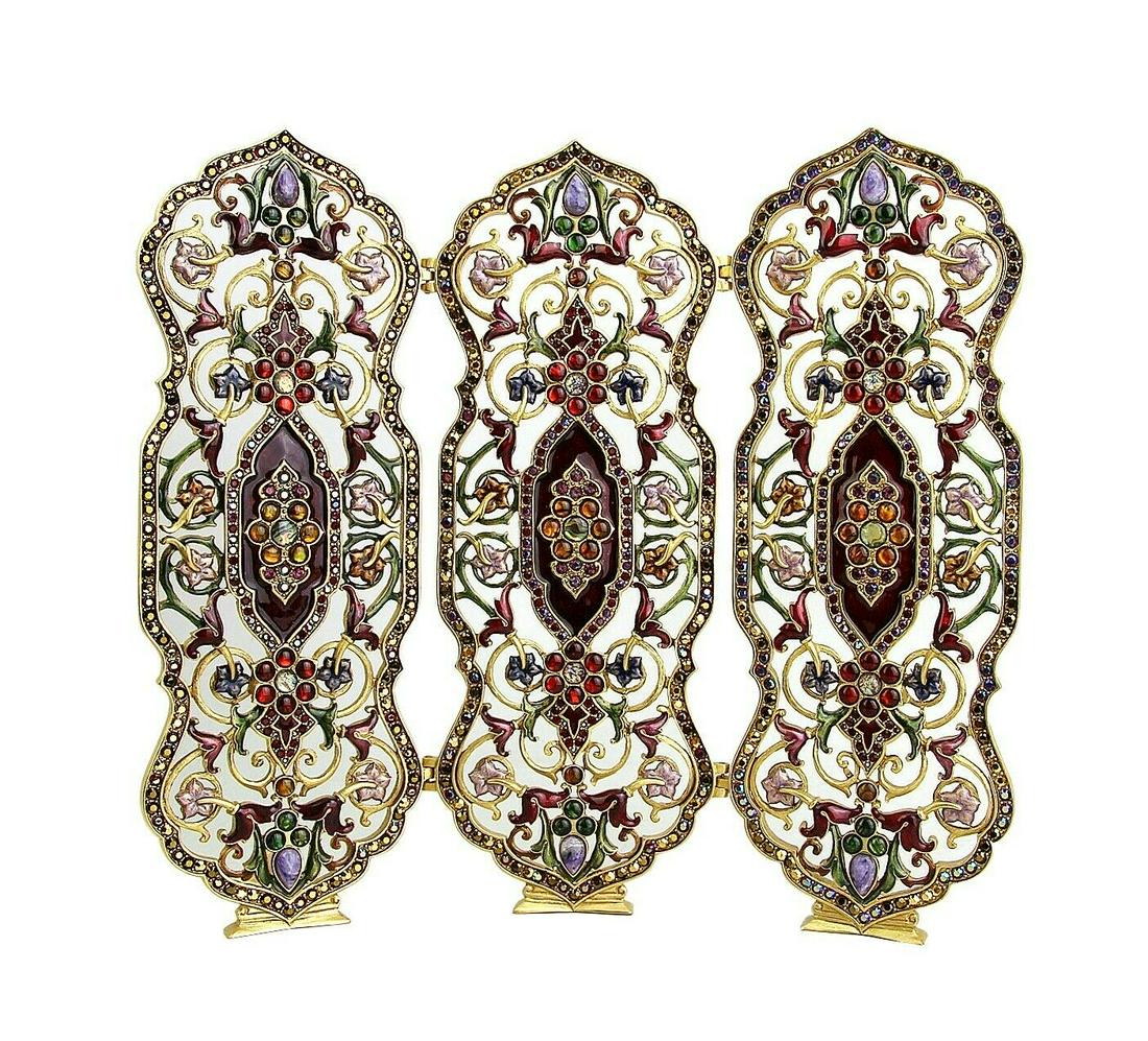 JAY STRONGWATER SIDDHARTHA CHINOISERIE TAPESTRY FOLDING: JAY STRONGWATERSIDDHARTHA FOLDING TABLE TAPESTRY SCREENFrom CHINOISERIE CollectionHandpainted Enamel Over Metal Semiprecious Stones & Handset Swarovski Crystals.10" Tall x 11" Wide (Each Section 3.5")
