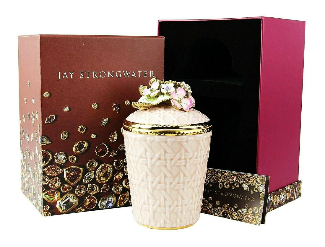 JAY STRONGWATER HYDRANGEA RILEY PINK "WOVEN" BASKET: JAY STRONGWATER HYDRANGEA RILEY PINK "WOVEN" BASKET CANDLE HOLDER with SWAROVSKI CrystalsColor: FLORAName: RILEYHandpainted Enamel over metalHand-set Multicolor Swarovski Crystals.6.5" Tall x 3.75" Di