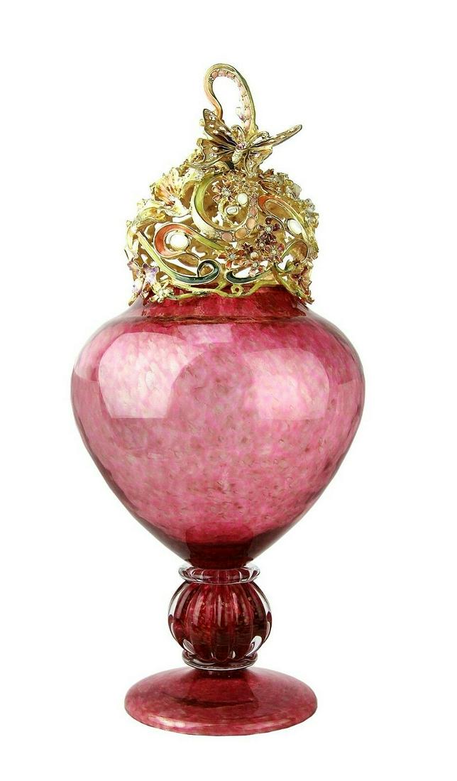 JAY STRONGWATER RARE HUGE 21" JACQUELINE GRAND: JAY STRONGWATER GRAND JACQUELINE APOTHECARY JARGlass Made in PortugalHand-painted enamel over metal Hand-set Swarovski Crystals. 21" Tall x 8 1/2" Diameter (Vase) BRAND NEW, NO BOX.
