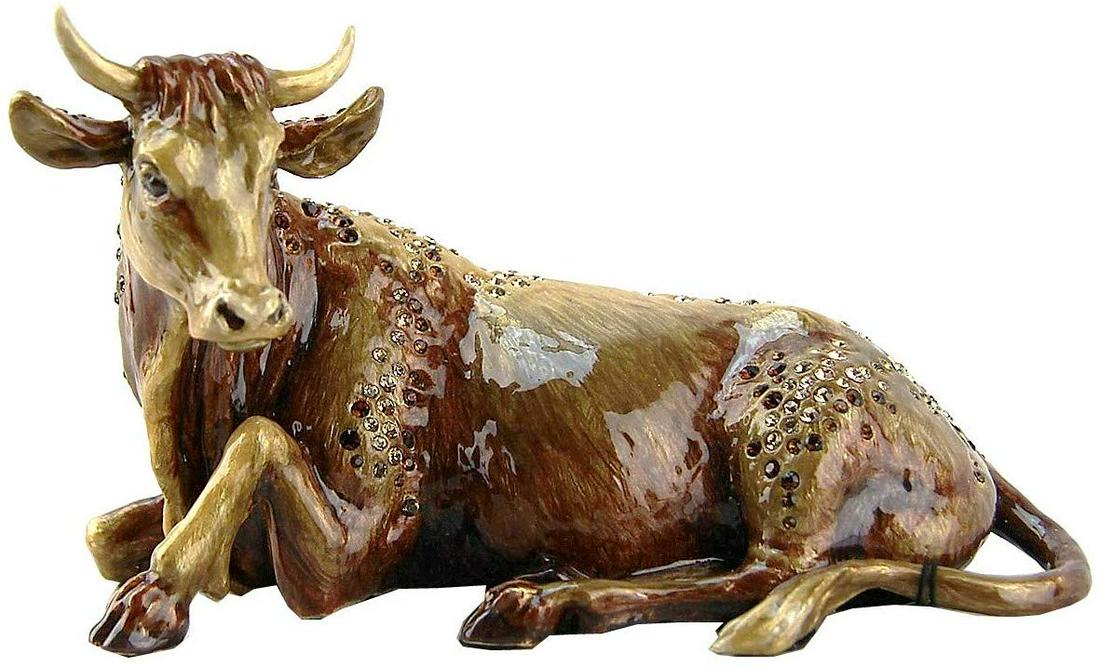 Jay Strongwater Nativity Ox Figurine: LARGE OX FIGURINE 14K GOLD PLATED & Enamel over metal Hand-set Swarovski Crystals. 3 1/4" Tall x 5 3/4" Long x 3" Deep Handcrafted in USA Brand New, JAY STRONGWATER BOX. 100% AUTHENTIC GUARANTEED