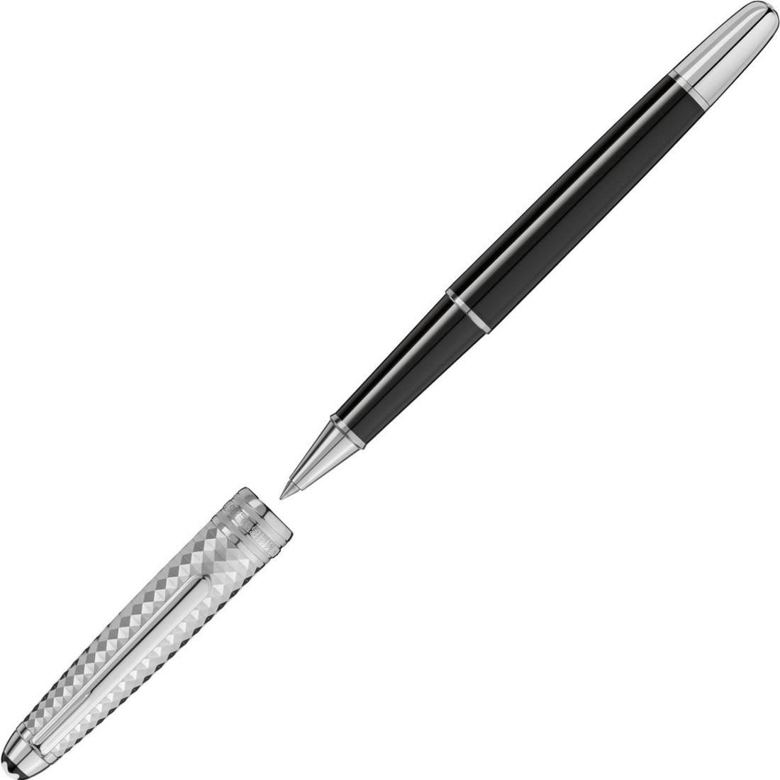 Montblanc Meisterstuck Black Rollerball Pen 113335: This brilliant rollerball pen by Montblanc made with black resin, made for unisex, platinum, Meisterstueck Solitaire Doue Geometric 113335Montblanc Meisterstuck Black Rollerball Pen 113335
