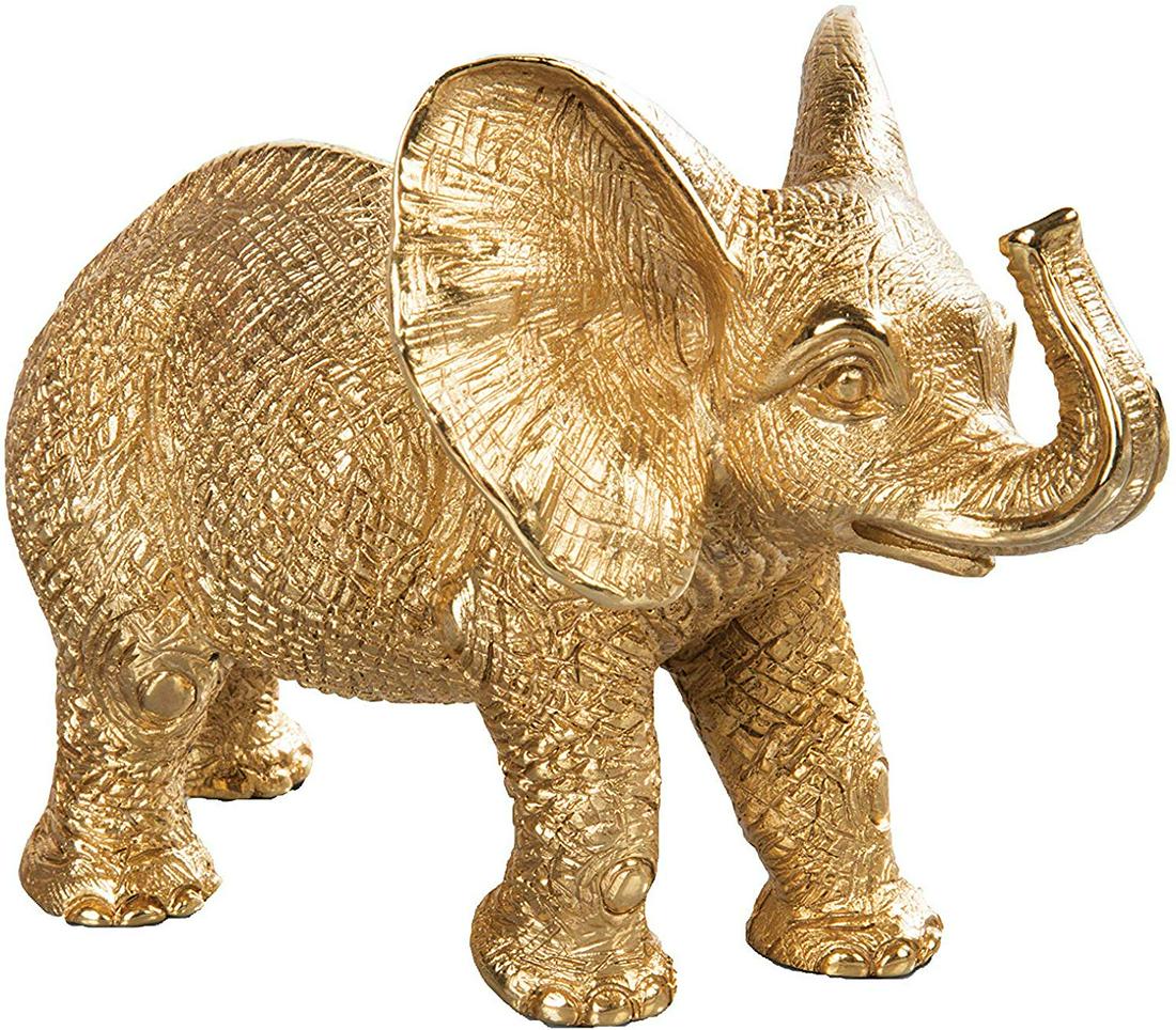 Jay Strongwater Effie Gold Elephant Figurine: Dimensions: 3" W 3.5" H 4.75" DMade with Pewter MetalLuxuriously Finished with 18k Gold & Light Brown Antique FinishHandcrafted and Hand-Polished in Rhode Island & New York