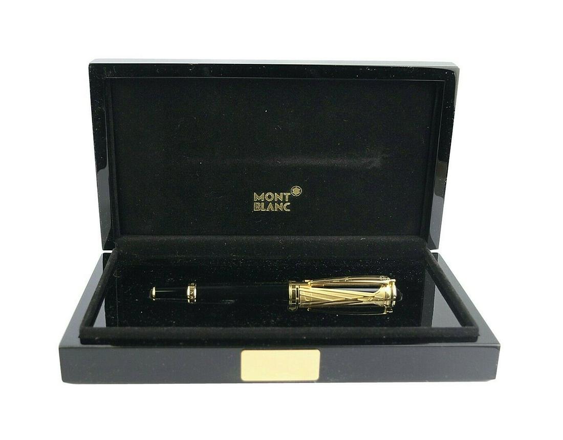 MONTBLANC STAINWAY PATRON OF ART 18K GOLD LTD 4810: MONTBLANCMaterial: Barrel: Black precious lacquer Cap: Black precious lacquer with gold-plated fittings Trim: Gold-plated fittings Clip: Gold-plated clip Nib: Hand-crafted 750 gold nib with special en