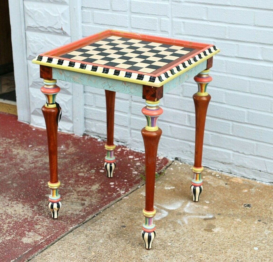 MACKENZIE CHILDS AMAZING CHESS GAME TABLE 20" Sq: MacKenzie-Childs CHESS GAME TABLE.26.5" Tall x 20" Square Top.Table Needs to be Restored, Structure is Sound, But Paint Can be Re-Done.Backgammon Tray is not there and Backgammon Game pieces not inclu
