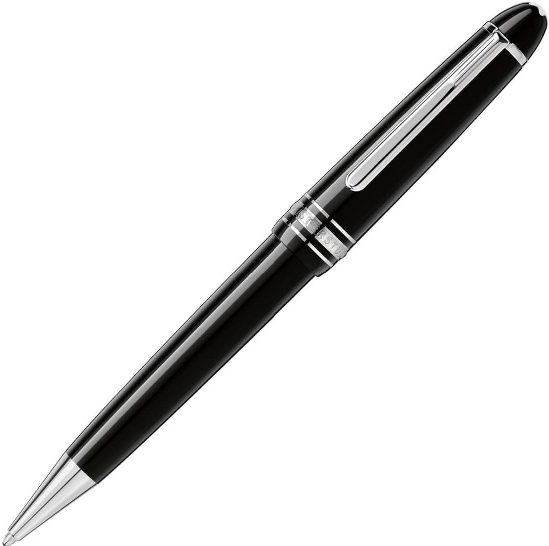 Montblanc Meisterstuck Black Ballpoint Pen 114185: Montblanc Meisterstuck Black Ballpoint Pen A Montblanc Meisterstuck midsize ballpoint pen from the Platinum Line. This ballpoint pen is crafted in deep black precious resin with a platinum-coated clip