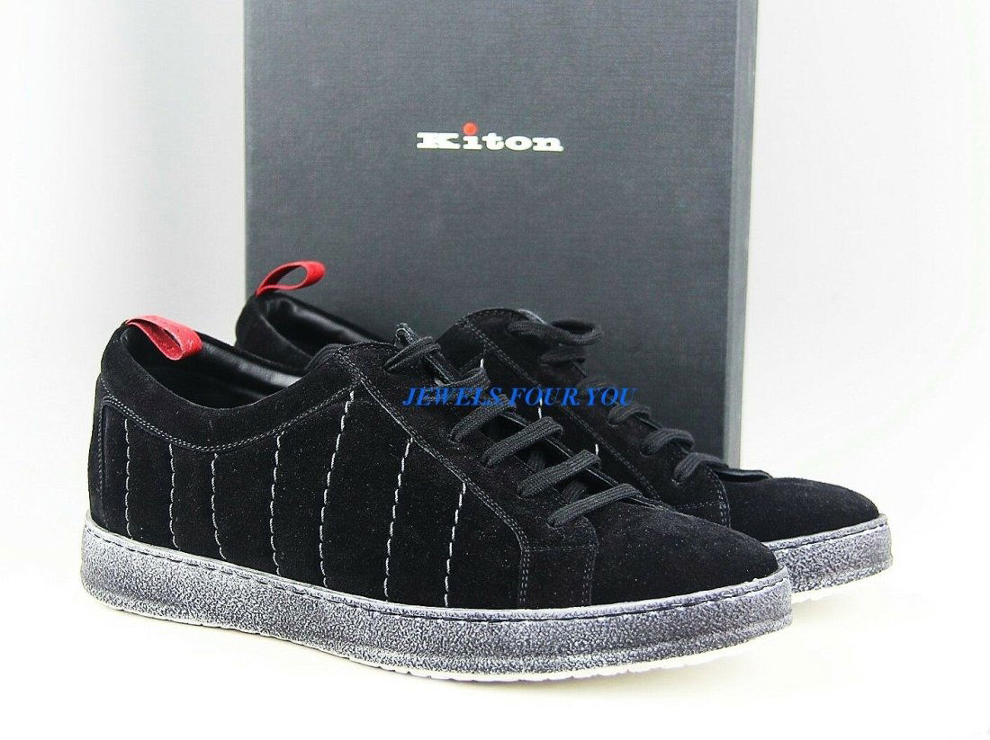 KITON HANDMADE SNEAKERS SHOES BLACK 100% LEATHER SUEDE SIZE 8 ITALY NEW # 5 (1 of 9)