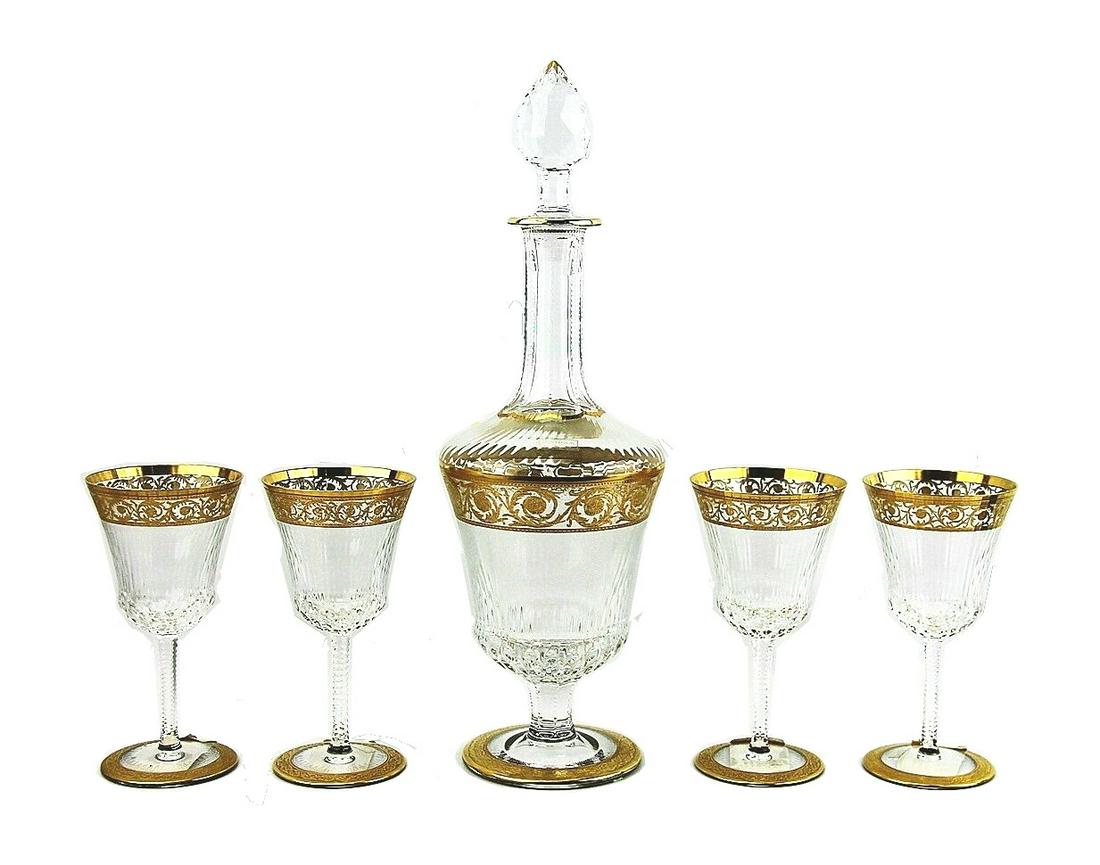 SAINT LOUIS FOR HERMES SET WINE DECANTER & GLASSES: SAINT ST. LOUIS FOR HERMESTHISTLESET OF DECANTER WITH 4 TALL GLASSES.HANDCRAFTED FULL LEAD CRYSTAL.DECORATED WITH 24K GOLD.MADE IN FRANCE.Decanter: 15 1/2" (With Stopper) High x 5" Diameter (Middle) x