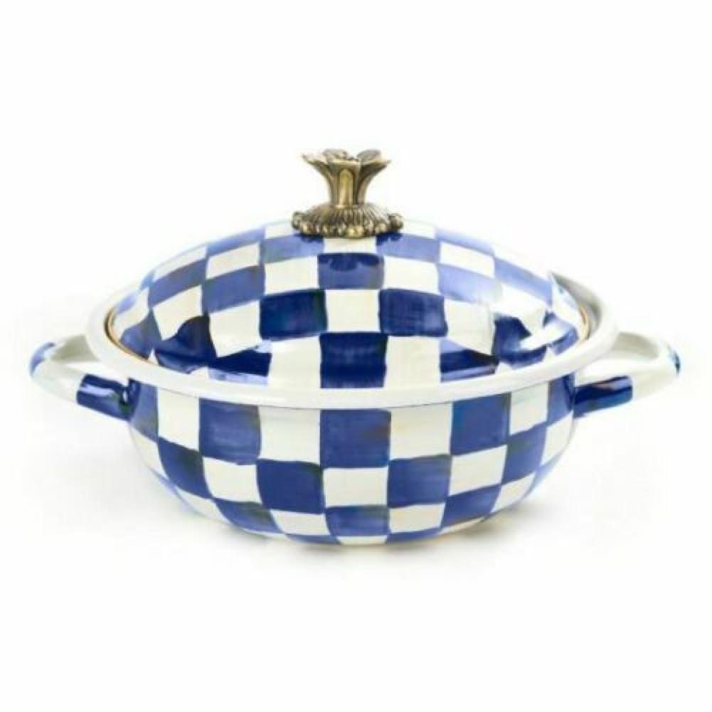 MacKenzie-Childs ROYAL CHECK BLUE CASSERBOLE 10.25" D: MacKenzie-Childs ROYAL CHECK BLUE ENAMEL CASSERBOLE 10.25" DIAMETER12.5" Wide x 10.25" Diameter x 6.5" tall, 10 Cups CapacityHand-glazed, heavy-gauge steel underbody with hand-painted Royal Check deco
