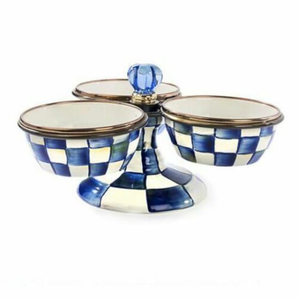 MacKenzie-Childs ROYAL CHECK BLUE TRIPLICITY 10" DIAMETER: MacKenzie-Childs ROYAL CHECK BLUE AND OTHER COLORS ENAMEL TRIPLICITY 10" DIAMETERThe stand and accompanying 1.5 cup Pinch Bowls Are hand-glazed heavy-gauge steel with Hand-painted Royal Check decorati
