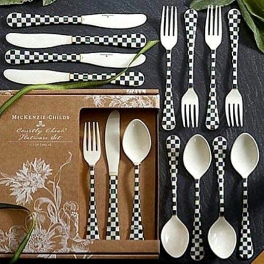 MACKENZIE CHILDS 12 PIECE COURTLY CHECK ENAMELED FLATWARE SERVICE Set Includes: Brand New (1 of 3)