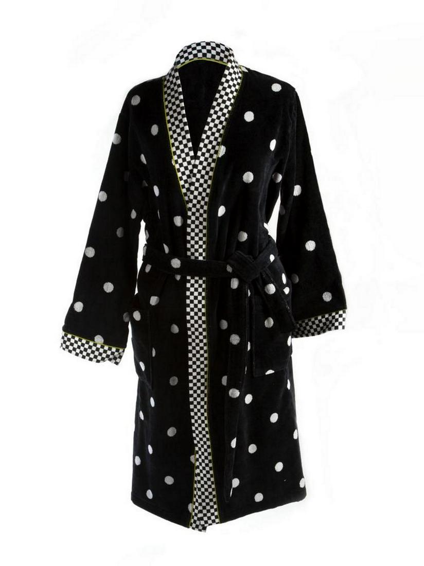 MACKENZIE CHILDS UNISEX 100% COTTON DOTTY ROBE SZ L: MacKenzie-Childs GET WARM AND COZY!!! UNISEX 100% COTTON DOTTY ROBE. Size - S, Tie closure. L: Bust: 51", Center Back: 48", Sweep: 56", Sleeve Length: 29" Made in Portugal.