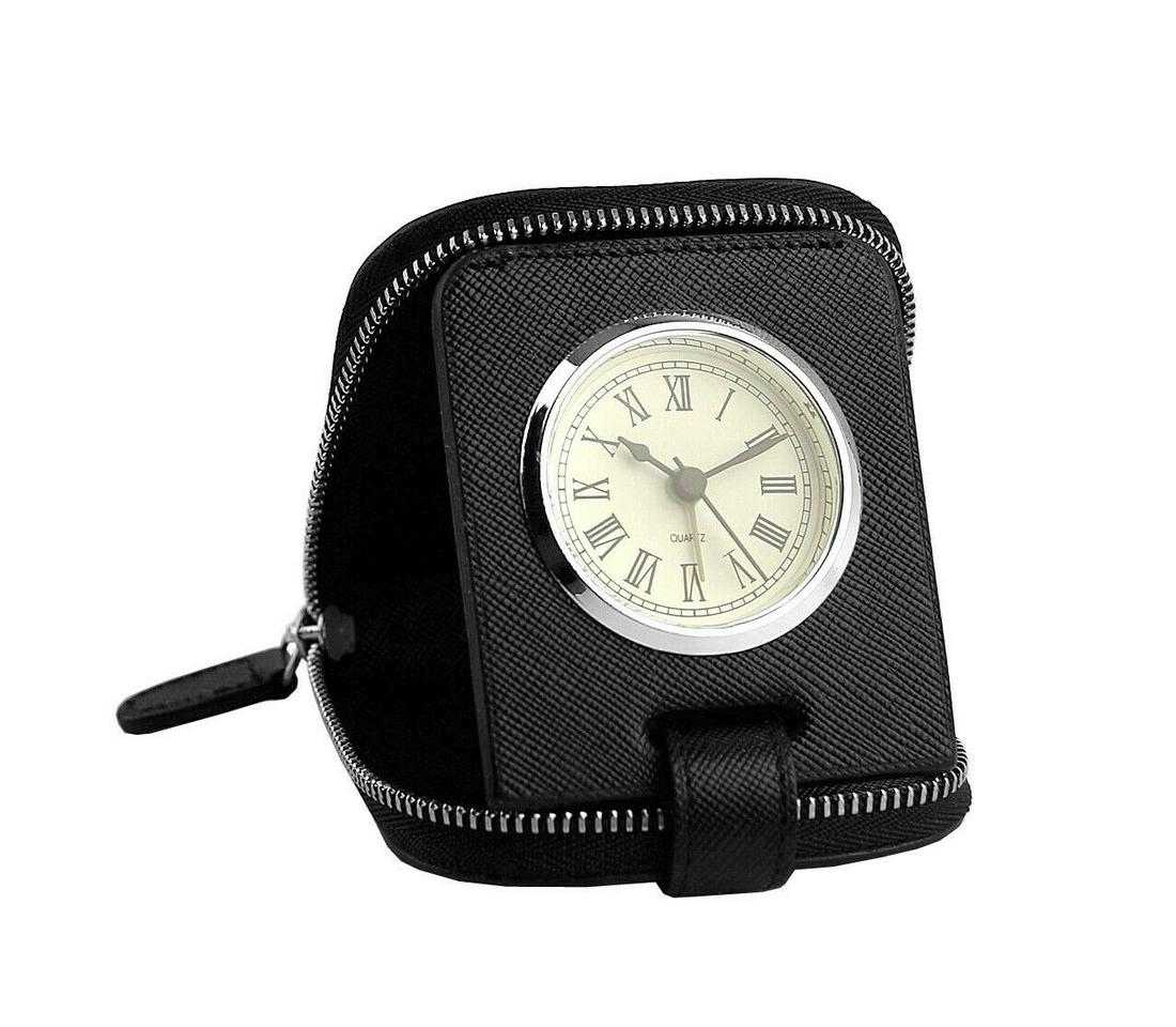 BRIONI TRAVEL BATTERY QUARTZ ALARM CLOCK #1: BRIONI TRAVEL ALARM CLOCK IN BLACK SAFFIANO NATURAL LEATHER TRAVEL CASE 100% AUTHENTIC & 100% BRAND NEW ITEM IS NEW, NEVER USED Case: 3.25" x 3.25" Clock: 45 mm (Clock itself 40 mm) Made in Italy