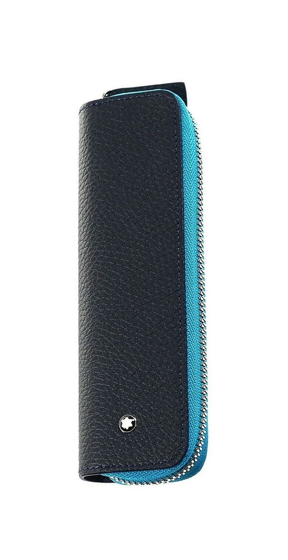 MONTBLANC MEISTERSTUCK 124131 ONE PEN POUCH CASE: Montblanc Pouch. Meisterstuck Soft Grain series. Ident:124131. Leather. Color: Blue / Clay. Closure Type: Zip-Up. Can fit one writing instrument. Dimensions: 45 x 20 x 160 mm. Montblanc Meisterstuck S