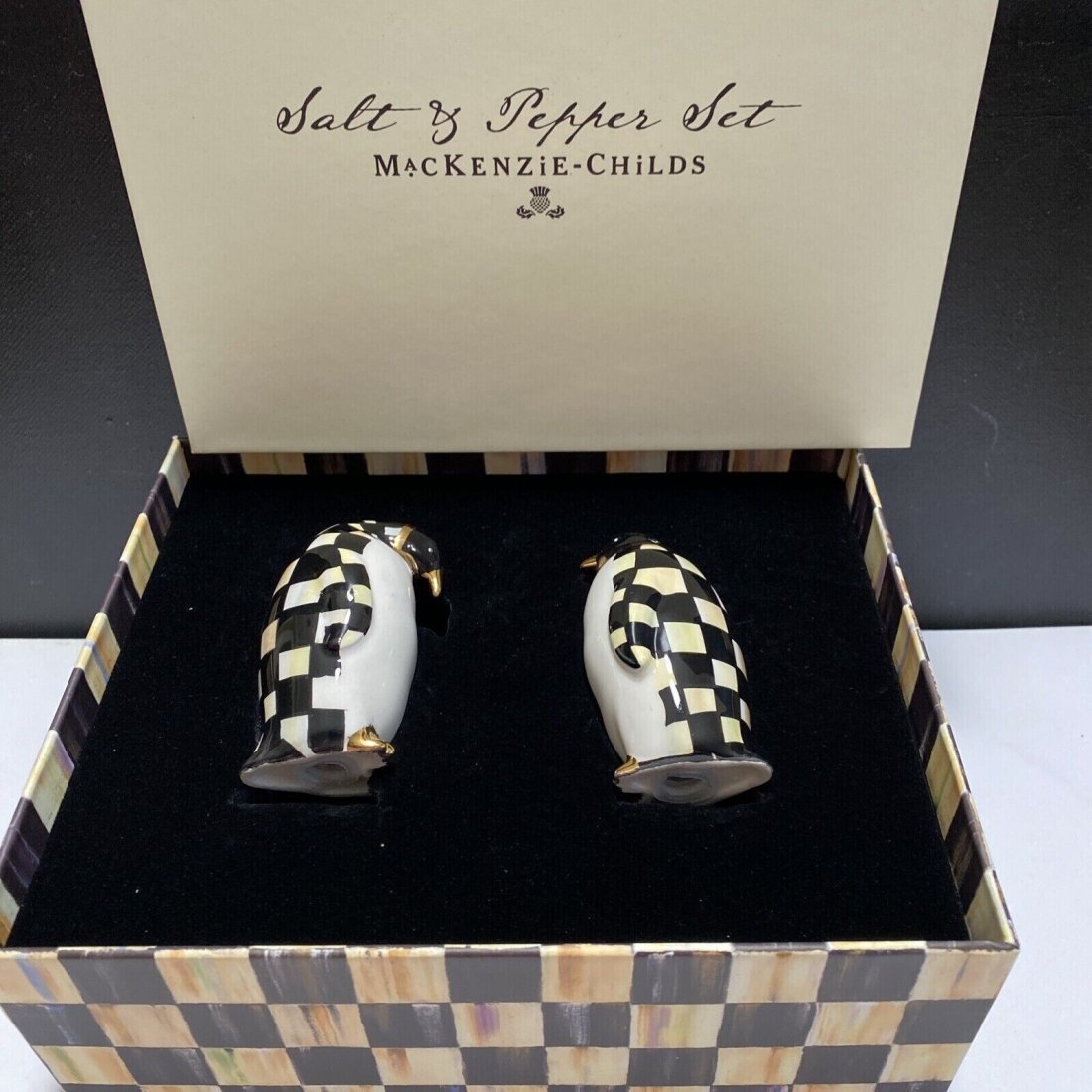 Mackenzie Childs Brand New in Original Gift Box,Courtly Check Penguins Ceramic Salt & Paper Shaker s (1 of 4)