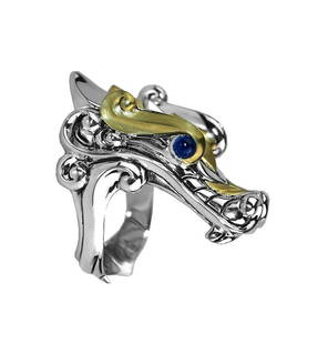 JOHN HARDY  18K GOLD  LEGENDS NAGA RING 72R: JOHN HARDYGORGEOUS LEGENDS NAGA RING - # 72RMADE OF SOLID .925 STERLING SILVERAND 18K BRUSHED SOLID GOLDWITH BLUE SAPPHIRE EYESApproximately: 25 mm (0.98") Wide x 40 mm (2") Long31 mm (1.2") TallBRAND