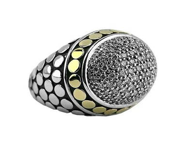 JOHN HARDY DOT DOME 18K GOLD & PAVE DIAMOND 1.09 TCW RING SZ 7 68R: JOHN HARDY GORGEOUS, XLARGE DOT DOME RING SIZE 7 - # 68R MADE OF SOLID .925 STERLING SILVER AND 18K YELLOW GOLD. WHITE DIAMONDS PAVE - 1.09 TCW. Approximately: 31 mm Tall x 19 mm Wide x 26 mm Long. BR