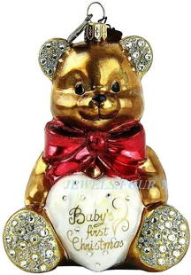 Jay Strongwater Celebration Baby's First Christmas Bear Glass Ornament: JAY STRONGWATER BABY'S FIRST CHRISTMAS BEAR GLASS ORNAMENT NO YEAR ON THIS ORNAMENT.4 2/4" Tall x 3" Wide x 2 1/2" DeepMade of Glass with Multicolor SWAROVSKI Crystals Hand Painted, Brand New, JS