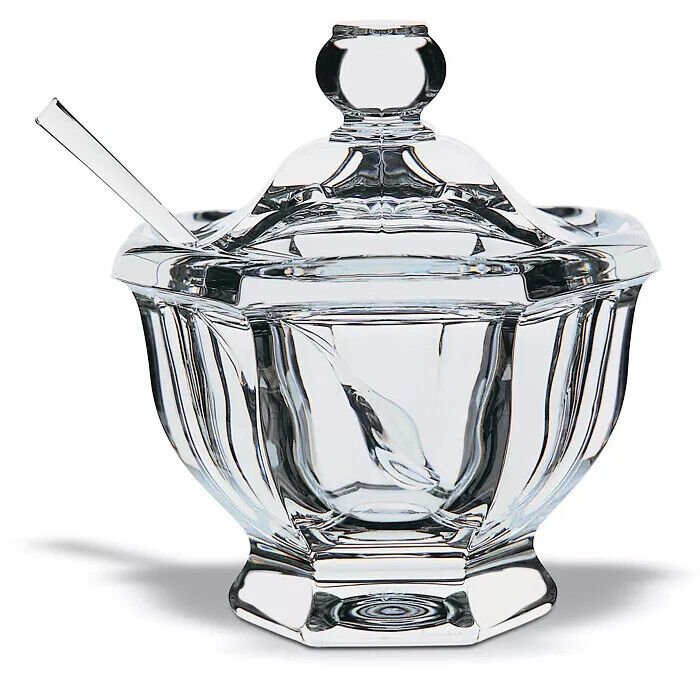 BACCARAT LARGE JAM SAUCE JAR WITH SPOON CRYSTAL GLASS: BACCARAT LARGE JAM / SAUCE JAR WITH CRYSTAL SPOON.CLEAR CRYSTAL GLASS HAVE SMALL CHIP INSIDE.Color: CLEAR. See picture #7 for Tiny (about 4 mm) Chip on the inside Rim of the Jar. MADE IN FRANCE. MODEL
