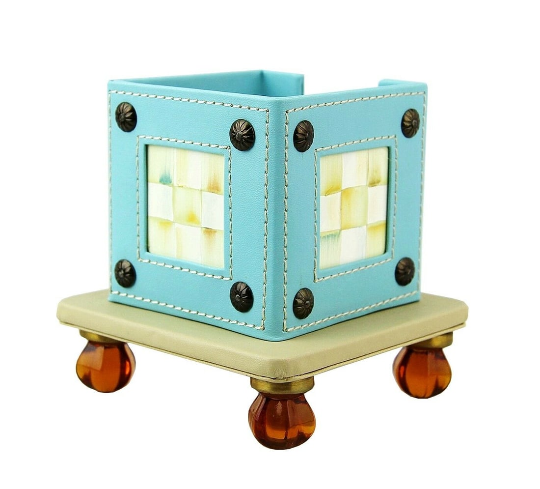 MACKENZIE CHILDS AMAZING TURQOIUSE PARCHMENT CHECK NOTE CADDY 5" SQUARE: MACKENZIE-CHILDS AMAZING PARCHMENT CHECK NOTE CADDY Due to the nature of handcrafting, items may vary slightly.4.75" Wide x 4.75" TallInterior: 27/8" SquareBRAND NEW, BOXNOTES ARE NOT INCLUDED.