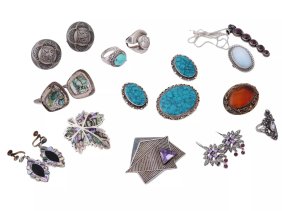 Vintage Lot of 14 St. Silver 6.35 oz. Tested and Marked GEM EARRINGS and BROOCHES