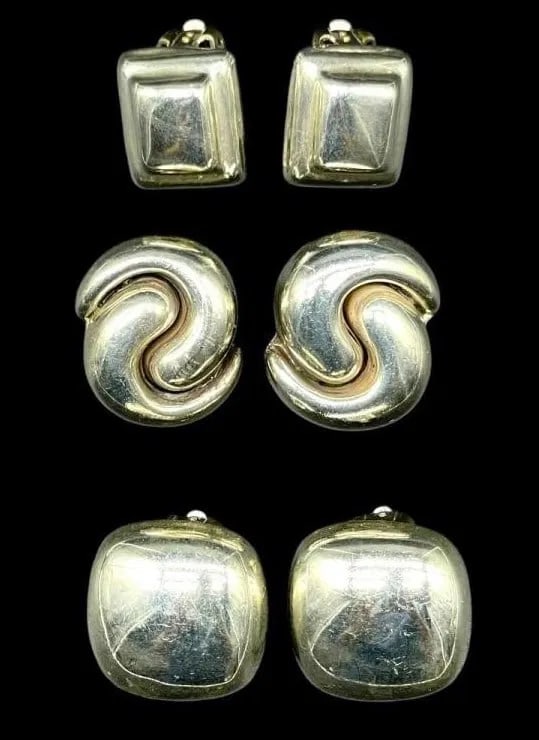 SET OF 3 VINTAGE MEXICO STERLING SILVER CLIP EARRINGS TOTAL WEIGHT 43 GRAMS (1 of 7)