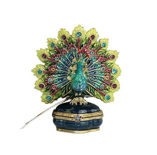 JAY STRONGWATER SPENCER PARADING PEACOCK TRINKET BOX: JAY STRONGWATER GORGEOUS PARADING PEACOCK TRINKET BOX.Name: SPENCER Color: PEACOCK Handpainted Enamel over metal. Hand-set Multicolor Swarovski Crystals. 2.5" Wide x 2.75" Tall x 1" Deep. Brand New, O