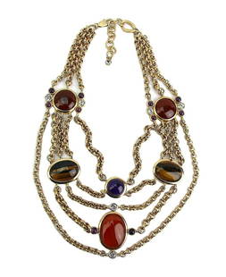 JUDITH LEIBER RARE TIGER EYE SHEBA CABOCHON NECKLACE 24K PL SWAROVSKI: JUDITH LEIBEREXTREMELY RARE ITEM!LUXURY LARGE NECKLACE WITHSEMI-PRECIOUS STONES 18" Long 1.25" x 1" Largest Stone SettingHand-Set REAL SWAROVSKI CrystalsAnd SEMI PRECIOUS StonesBRAND NEWORIGINAL BOXMa