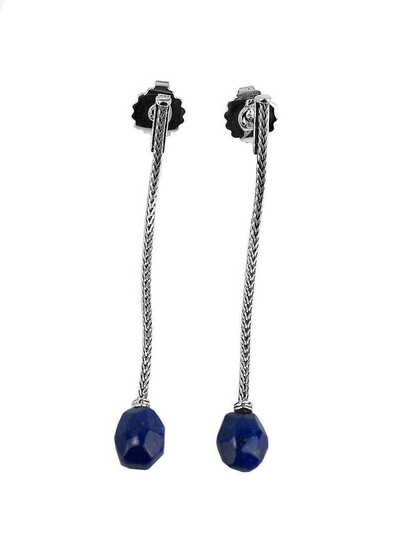 JOHN HARDY CHAIN ST. SILVER DROP EARRINGS LAPIS LAZULI 67 mm: JOHN HARDY GORGEOUS DROP SILVER EARRINGS - # 1E MADE OF SOLID .925 STERLING SILVER WITH LAPIS LAZULI. Total Length: 67 mm (2.64") Lapis: 10 mm x 8 mm 100% AUTHENTIC. BRAND NEW IN ORIGINAL BOX & POUCH