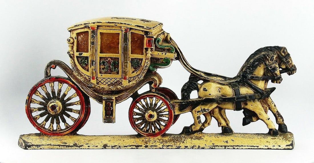 ANTIQUE HUBLEY CAST IRON XLARGE 19" LONG DOORSTOP COACH HORSE WITH WINDOWS RARE!: HUBLEYEXTREMELY RARE ANTIQUE DOORSTOPCOACH WITH TWO HORSES Numbered: 572ANTIQUE WINDOWS, which you can light up with candle,There is a special holder on the back (see picture # 7)Please See ALL 8 Pict