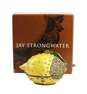 JAY STRONGWATER GORGEOUS LEMON TRINKET BOX: JAY STRONGWATER GORGEOUS LEMON TRINKET BOXHandpainted Enamel over metalHand-set Multicolor Swarovski Crystals.3.25" Long x 2.25" Tall x 2.25" DeepGently Displayed, Mint Condition, ORIGINAL BOX, NODUST