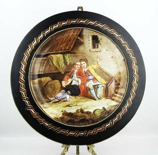 ANTIQUE SEVRES EXTRA LARGE WALL CABINET PLATE SIGNED QUENTIN FRAMED MOP FRANCE: SEVRES FRANCE Circa 19th CENTURY LARGE WALL PLATEHAND PAINTED AND SIGNED: QUENTINFrame Marquetry Inlaid With Mother Of Pearl.Framed Diameter: 18 1/2"Plate Diameter: 13 1/2"Plate Depth: 1" With Frame 1