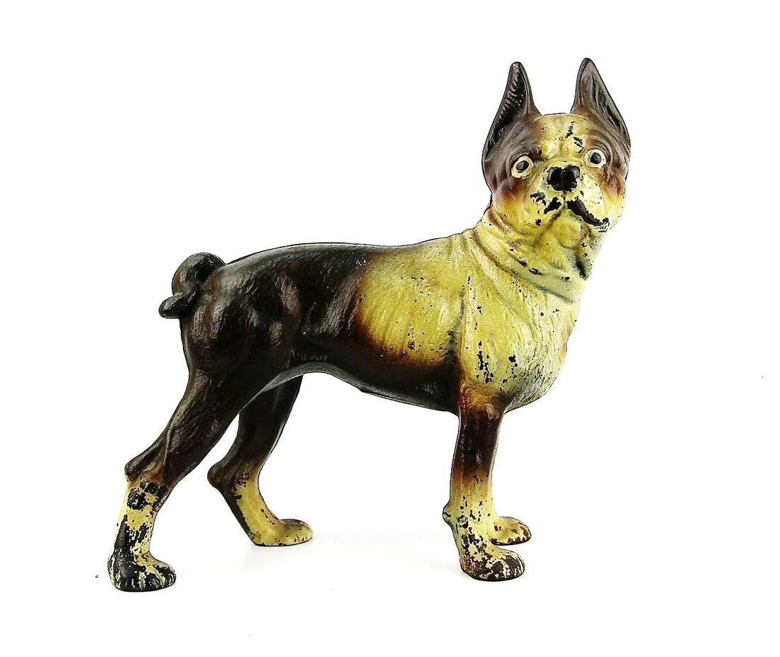 ANTIQUE HUBLEY LIKE CAST IRON LARGE 9" LONG DOORSTOP BOSTON TERIER DOG: HUBLEY LIKERARE ANTIQUE DOORSTOPBOSTON TERIER DOGOriginal Paint, Correct Screws.9" Long x 9" Tall x 3 3/4" Deep