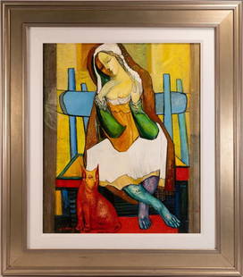 Gevorg Yeghiazarian ORIGINAL ARTWORK ( Armenian 1963- ) "Lady And Cat" Large Oil on Canvas Painting.: Gevorg Yeghiazarian ORIGINAL ARTWORK ( Armenian 1963- ) "Lady And Cat" Large Oil on Canvas Painting. New Quality Frame. 100% Authentic Gevorg Yeghiazarian ( Armenia 1963-) "Lady And Cat" Surreal Oil o