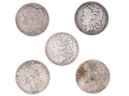 A set of five antique silver Morgan dollar coins issued from 1878 to 1901, 134gm: A set of 5(five) antique American standard circulation Morgan Silver Dollars coins issued from 1878 to 1901 and 1921Each features the Liberty head, facing left to the obverse, and the eagle holding ar