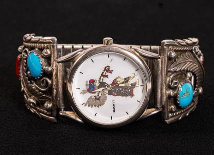 Navajo Native American Kingman Turquoise &Coral Sterling Silver Link Bracelet Wrist watch Collection: Navajo Native American Kingman Turquoise & Coral Sterling Silver Link Bracelet Wrist watch Collection Carriage Wrist Watch Turquoise & Coral Sterling Silver Links Etched in Traditional Navajo Motif Be