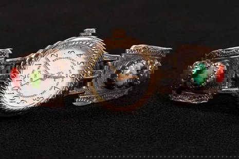 Southwest Navajo Shube's Manufacturing Silver Moon Wrist Watch Sterling Silver Links Etched: Southwest Navajo Shube's Manufacturing Silver Moon Wrist Watch Sterling Silver Links Etched in Traditional Navajo Motif Eagle Shaped Two Sterling Links to each Side of Watch Case Connected to Double S