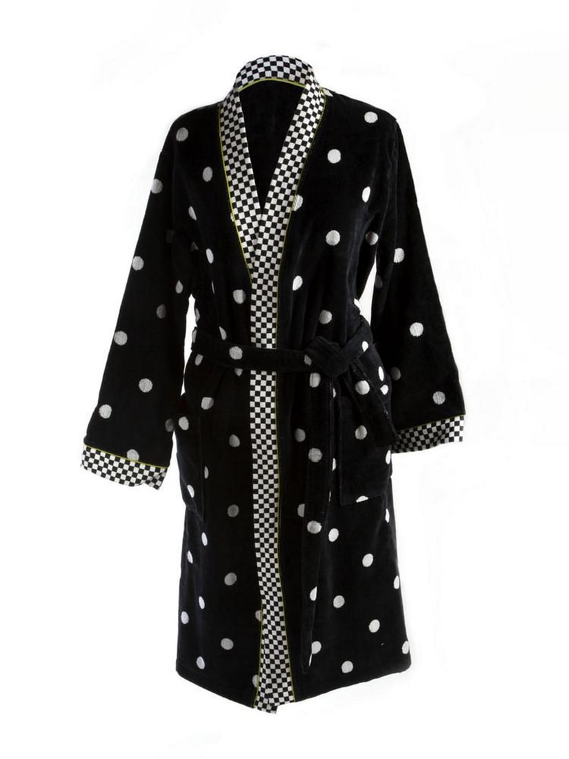 MACKENZIE CHILDS UNISEX 100% COTTON DOTTY ROBE SZ L: MacKenzie-Childs GET WARM AND COZY!!! UNISEX 100% COTTON DOTTY ROBE. Size - S, Tie closure. L: Bust: 51", Center Back: 48", Sweep: 56", Sleeve Length: 29" Made in Portugal.