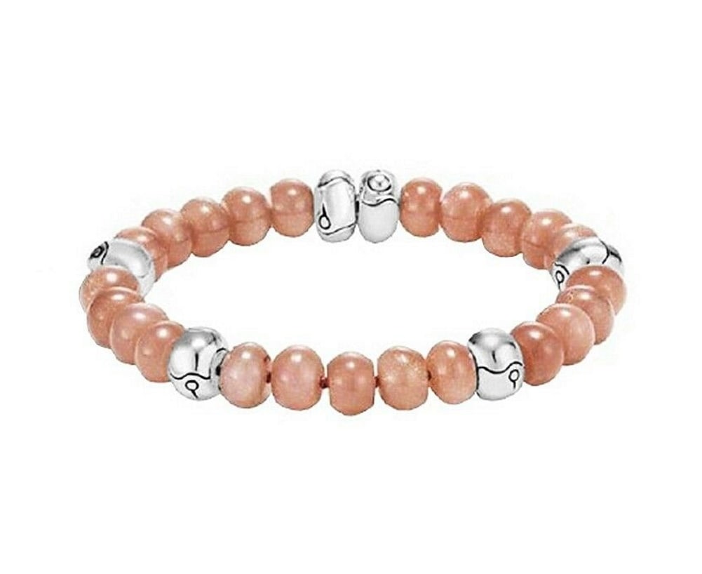 JOHN HARDY STERLING SILVER BAMBOO PEACH MOONSTONE BRACELET 8" 132B: JOHN HARDYGORGEOUS BAMBOO BRACELET - 132BPEACH MOONSTONE BEADSMADE OF SOLID .925 STERLING SILVER Total Length: 7.75"Beads: Approximately 8 mm Diameter. BRAND NEW IN ORIGINAL BOX, POLISHING CLOTH & POU