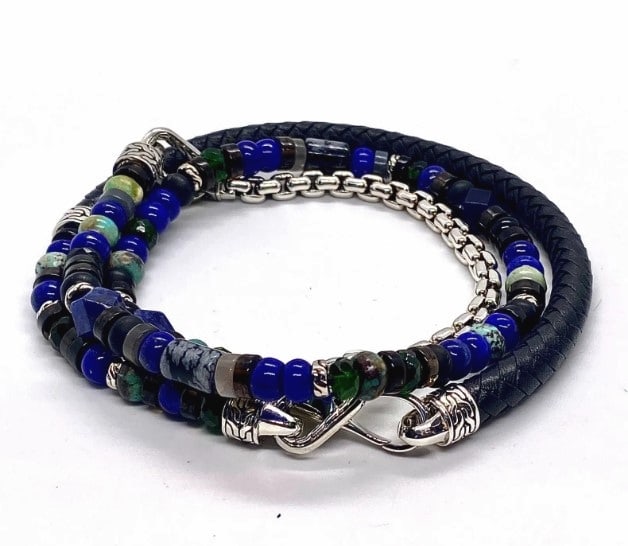 JOHN HARDY Classic Chain Black Leather Beads Silver Triple Wrap Bracelet L #53: John Hardy Beaded Hybrid Triple Wrap Bracelet BMS900443 #53Classic Chain Sterling Silver and 6mm Black Woven Leather Hand-beaded with 6mm Lapis Lazuli, Black Agate, Grey Moonstone, Sodalite, Chrome Di