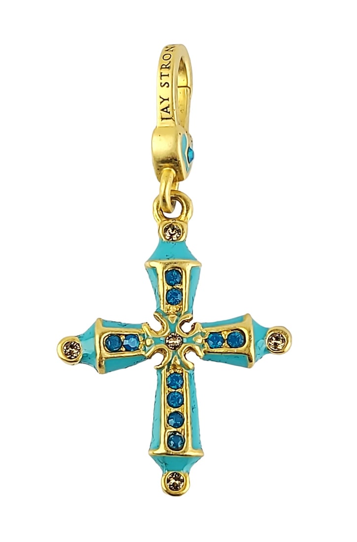 JAY STRONGWATER JEWELED BIRTHSTONE CROSS DECEMBER "BLUE TOPAZ" CHARM: JAY STRONGWATERTHIS IS AN EXTREMELY RARE ITEM!JAY STRONGWATER GORGEOUS BIRTHSTONE - DECEMBER"BLUE TOPAZ" - BRACELET OR NECKLACE CROSS CHARM.TURQUOSE ENAMELHandpainted Enamel over metalHand-set Multico