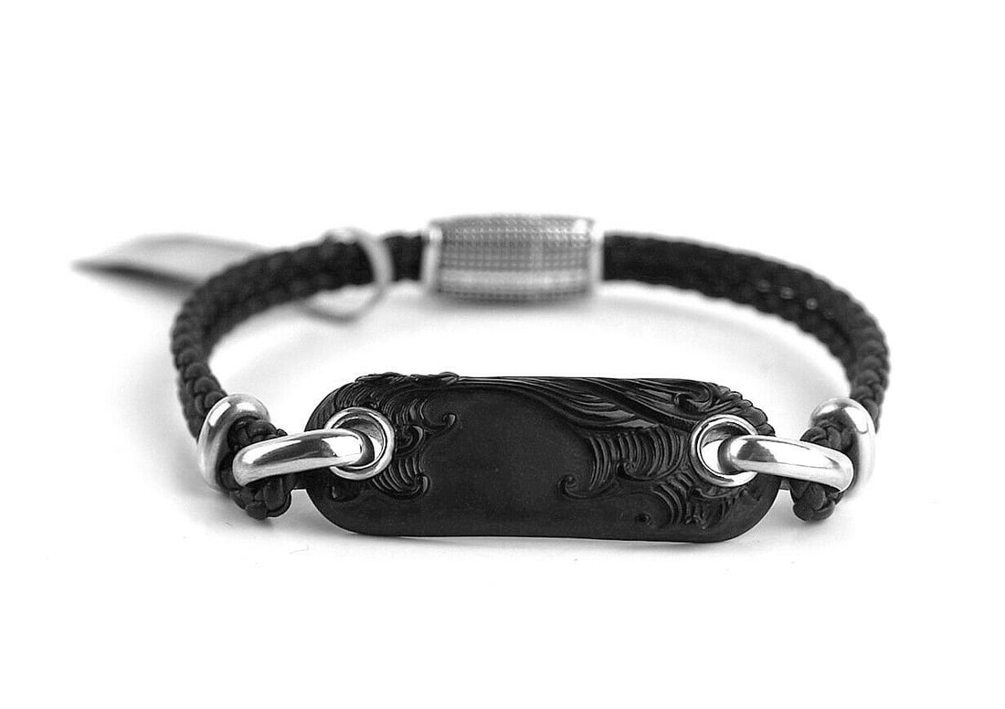 DAVID YURMAN ST. SILVER WAVES CARVED ONYX ID BRACELET LEATHER sz M 40B (1 of 9)