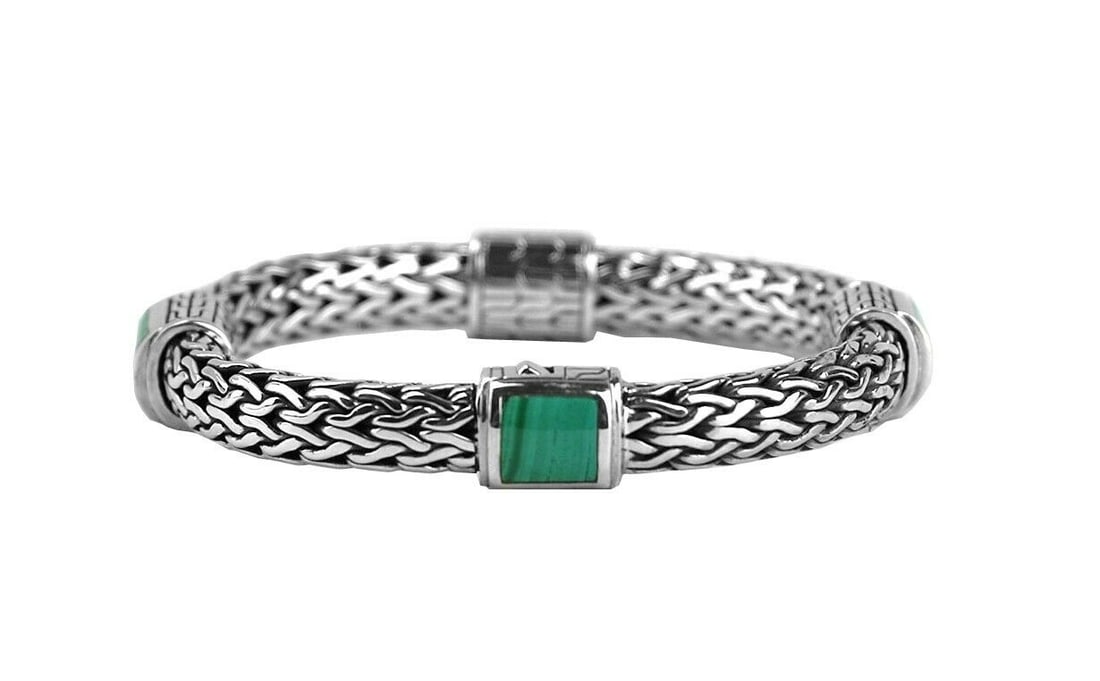 JOHN HARDY CLASSIC CHAIN WOVEN STERLING SILVER MALACHITE 4 STATION BRACELET 173B: BRAND NEW IN ORIGINAL BOX, POLISHING CLOTH & POUCH100% AUTHENTICJOHN HARDYGORGEOUS CLASSIC CHAIN BRACELET - #173BWOVEN SOLID .925 STERLING SILVER 4 STATIONS MALACHITE Total (Wearable) Length: 6.25"Cha